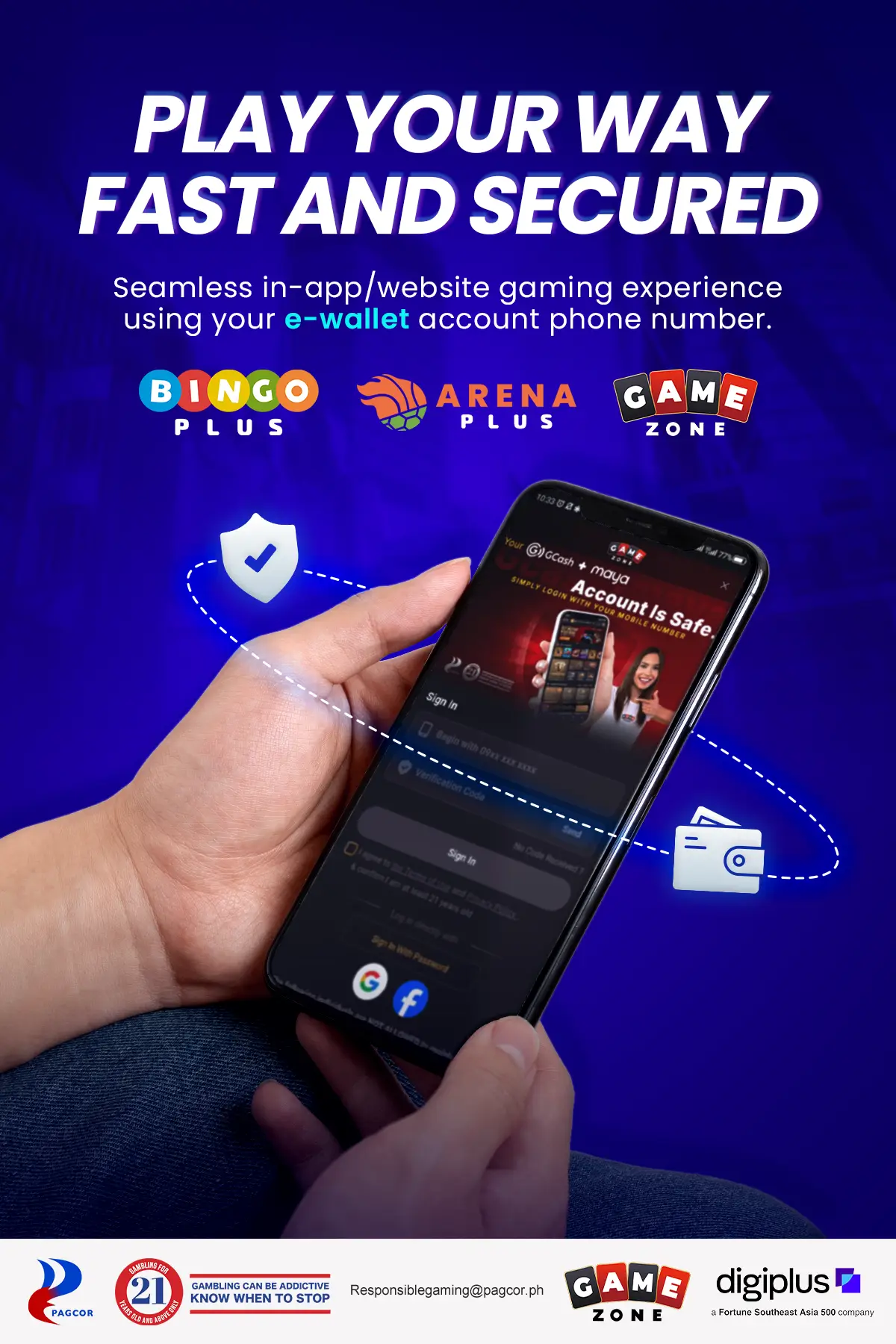 Hand holding smartphone displaying secure gaming app interface with vibrant blue background