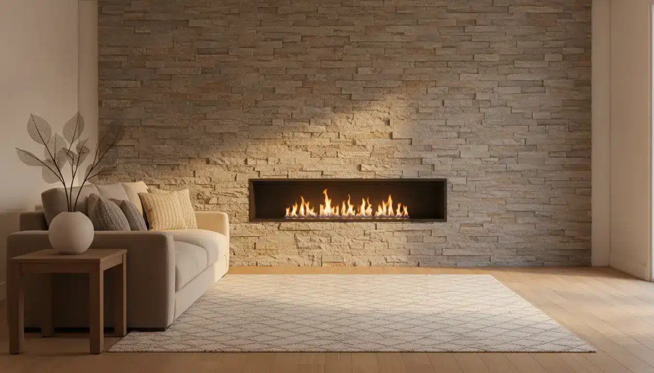 Modern living room with beige sofa, stone accent wall, and built-in linear fireplace