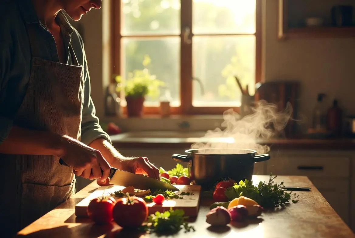 Person chopping vegetables on wooden counter in warm kitchen near steaming pot