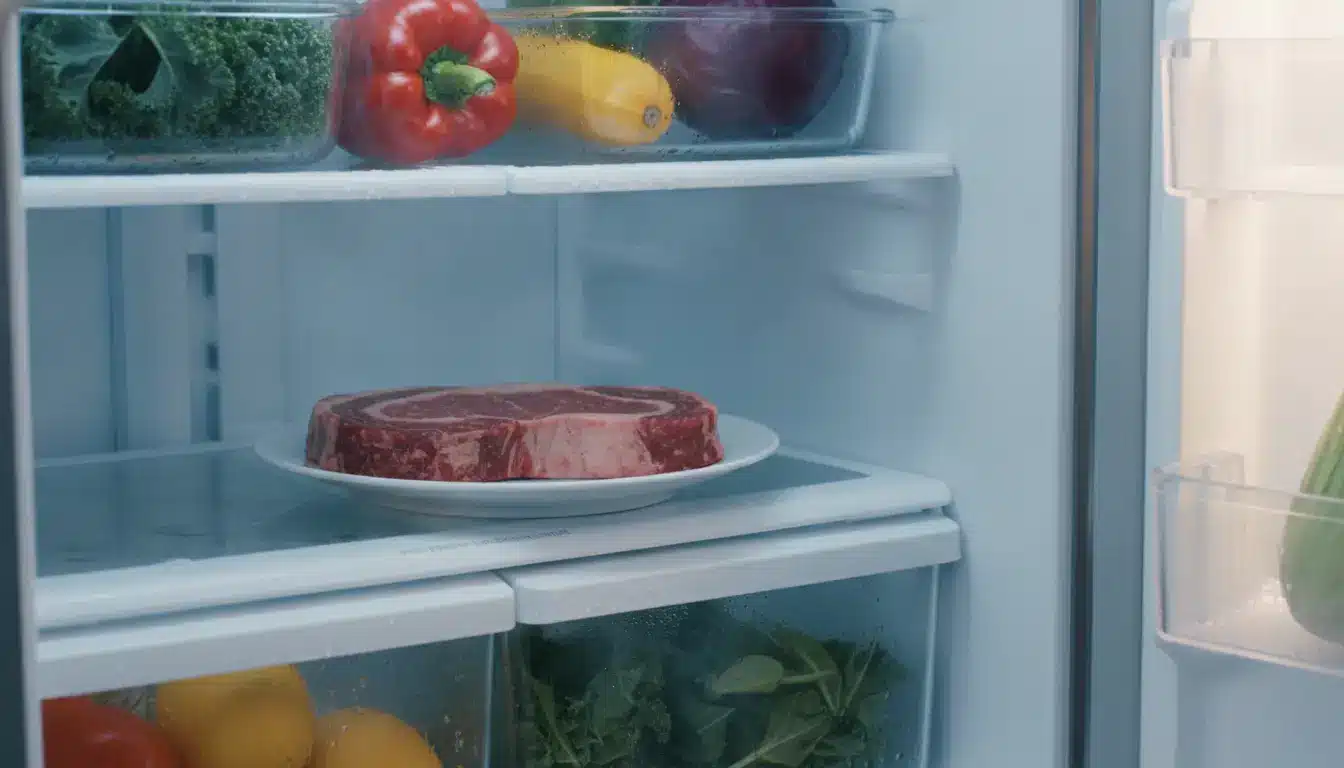 Raw steak on white plate inside a refrigerator with fresh vegetables surrounding it