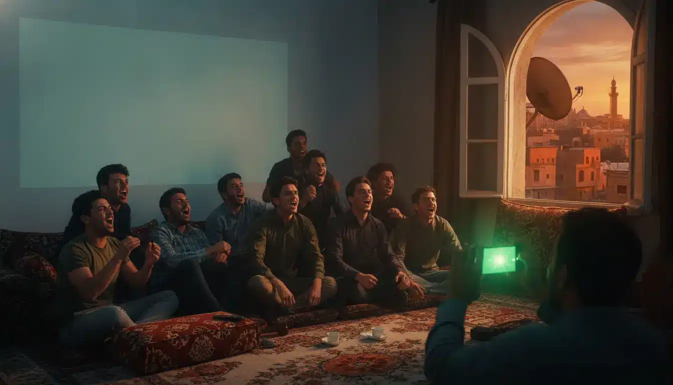 Men joyfully watching TV in dimly lit room with open window and cityscape view