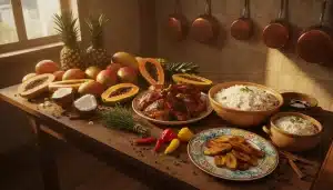 Tropical fruits and roast chicken arranged on wooden table in sunlit kitchen