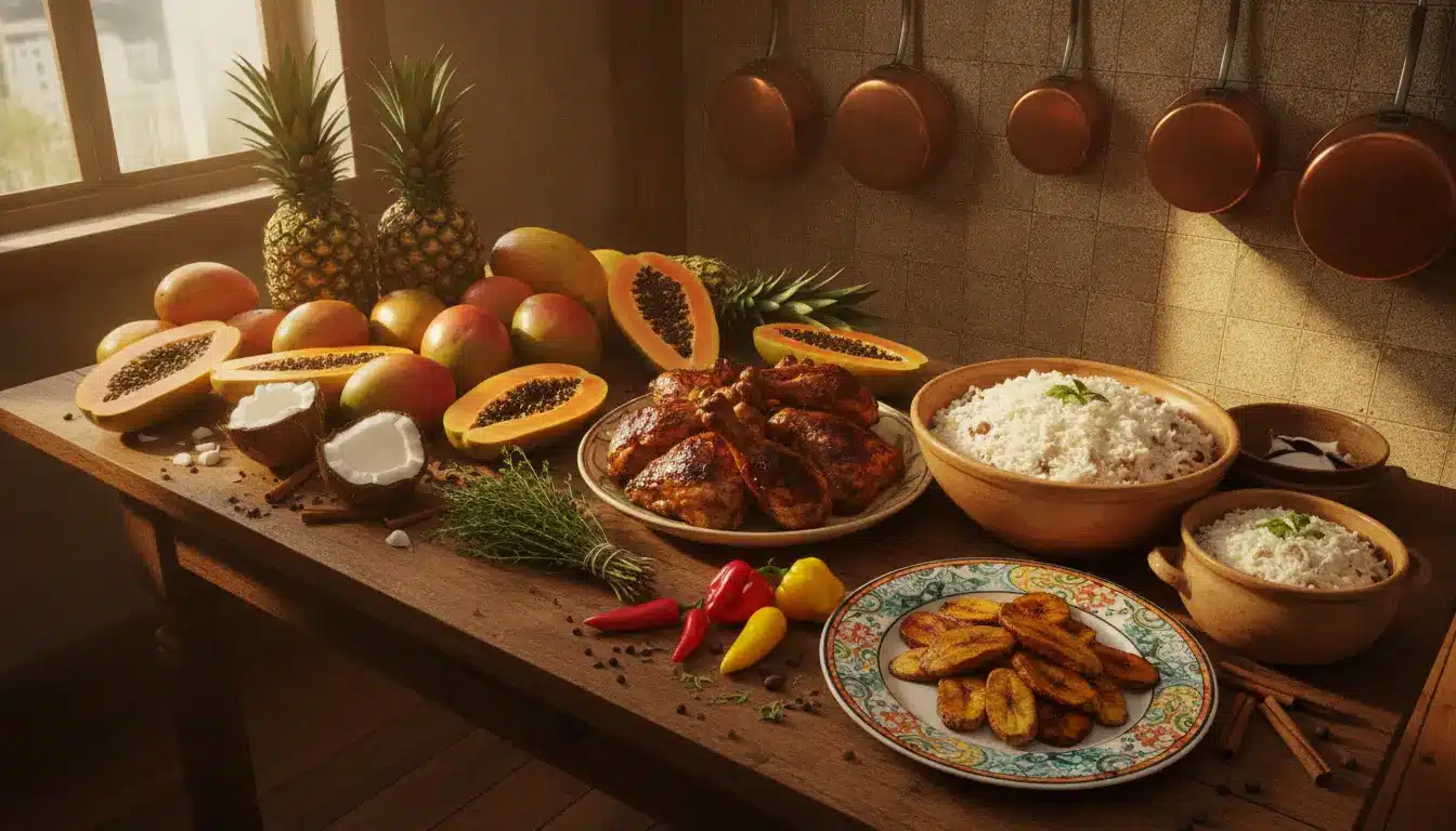 Tropical fruits and roast chicken arranged on wooden table in sunlit kitchen