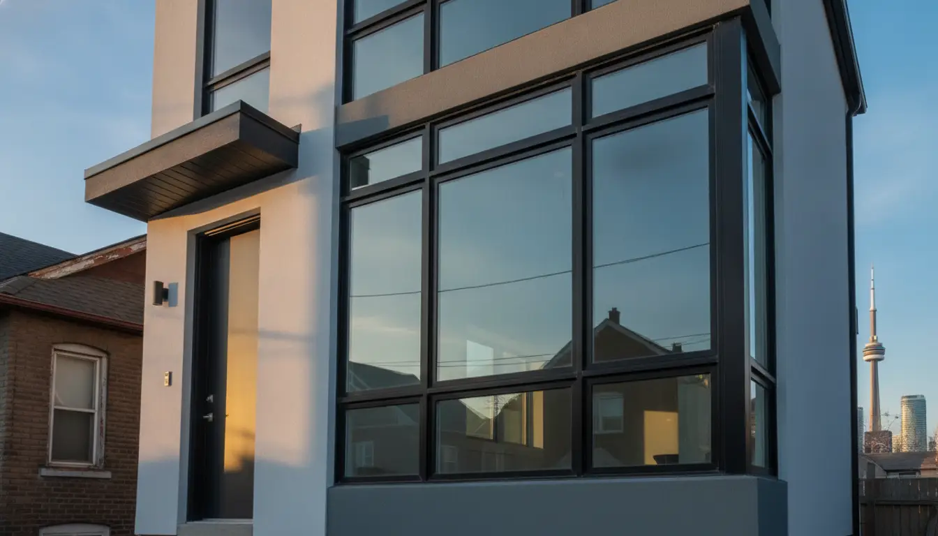 Modern two-story house with large windows reflecting sunset, urban setting with landmark tower in background