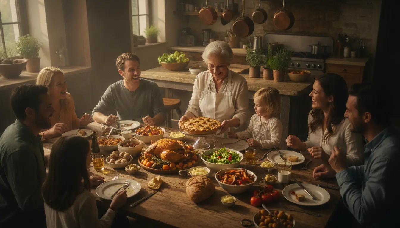 Family gathered around a dining table with a roasted turkey and side dishes in cozy kitchen