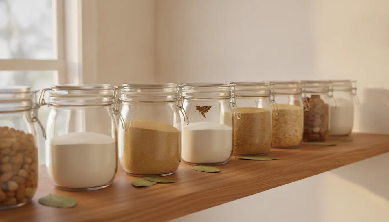 Glass jars with grains and nuts on wooden shelf in natural light