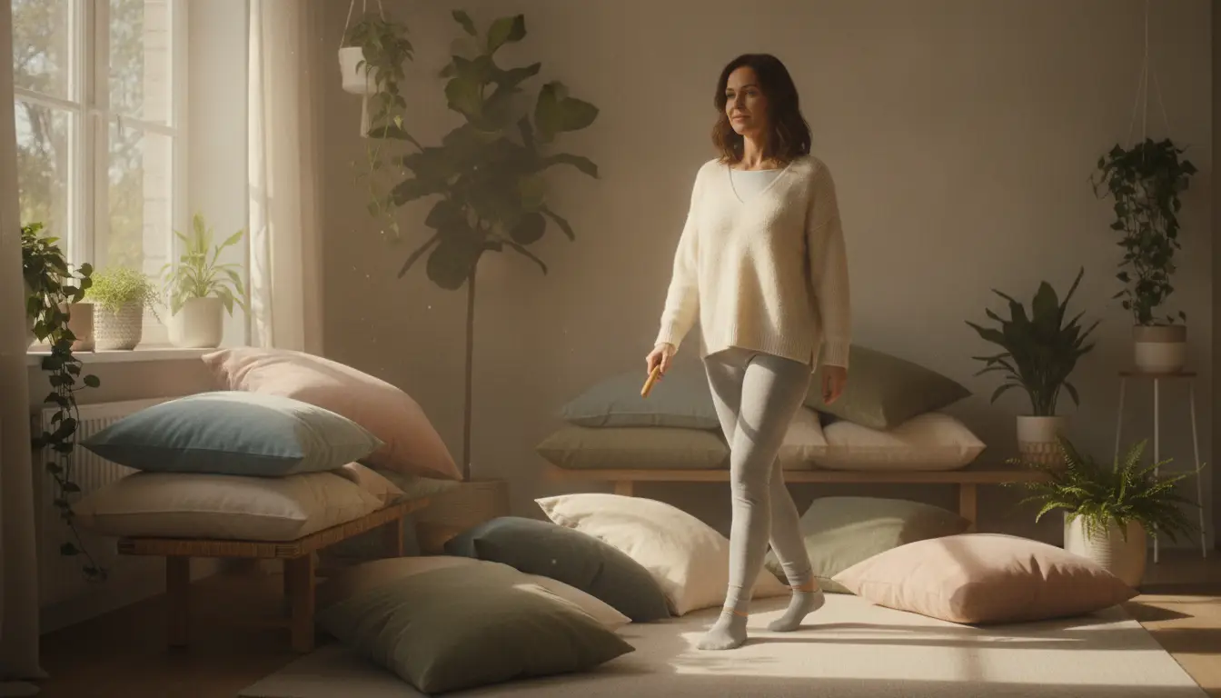 Woman walking barefoot in cozy living room with pillows and plants, warm natural lighting