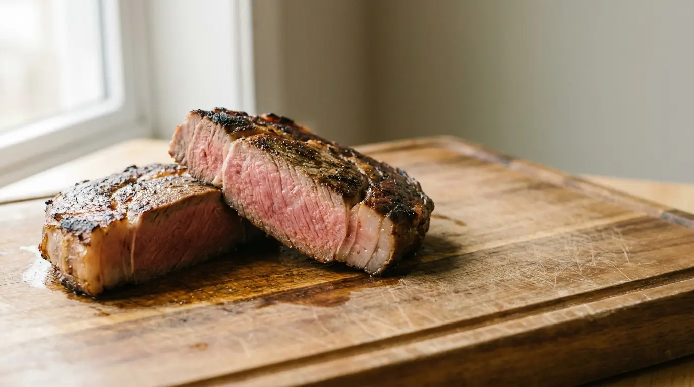Medium-rare steak on wooden cutting board by a window in natural light