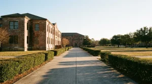 Historic brick buildings and manicured hedges along a sunlit pathway on a university campus