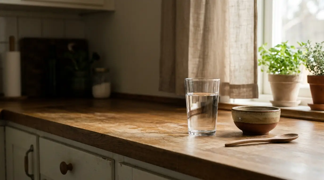 Glass of water and ceramic bowl on wooden countertop with potted herbs near window