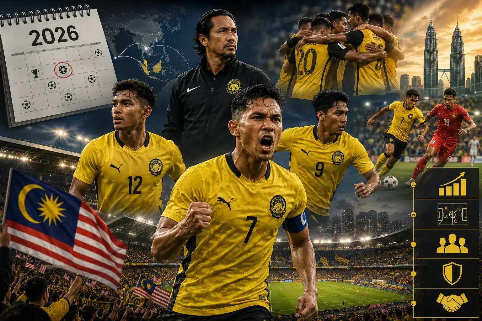 Malaysia national football team players celebrating on field with Kuala Lumpur skyline in background