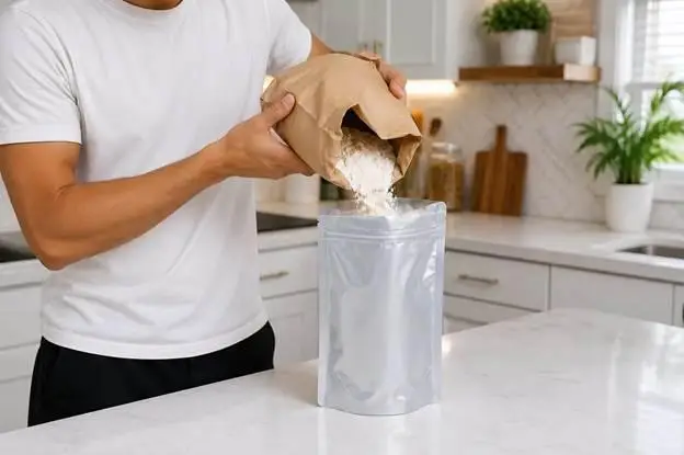 Man pouring powdered ingredient from brown paper bag into silver pouch in modern kitchen