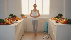 Woman in activewear standing in bright kitchen surrounded by fresh fruits and vegetables