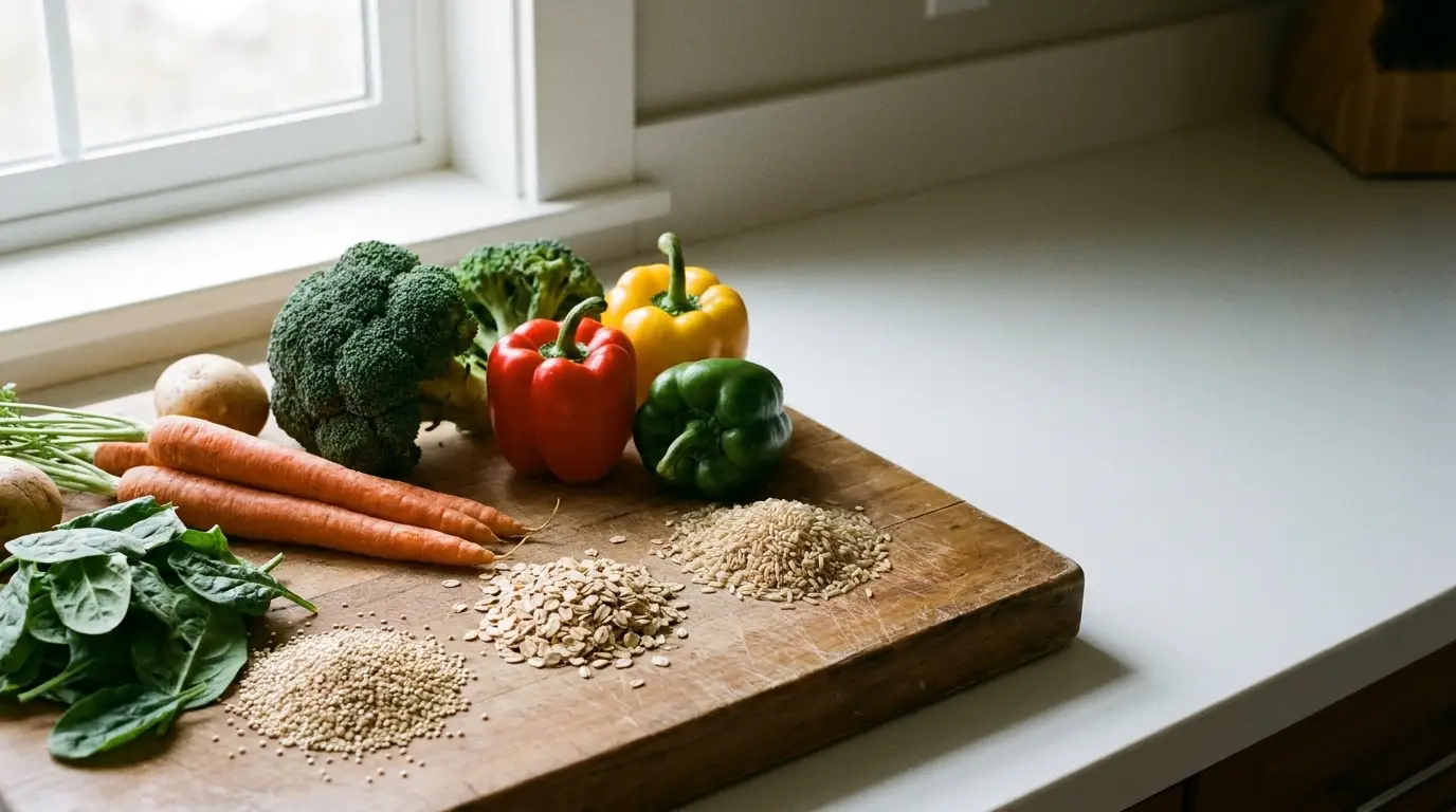 Broccoli, peppers, carrots, and grains on wooden cutting board near kitchen window