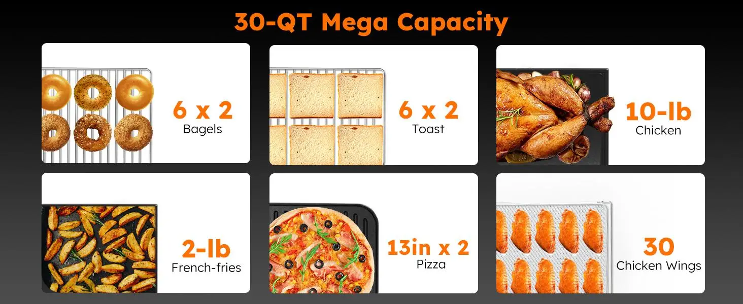 Various foods including bagels, toast, chicken, fries, pizza, and wings on a grid background.