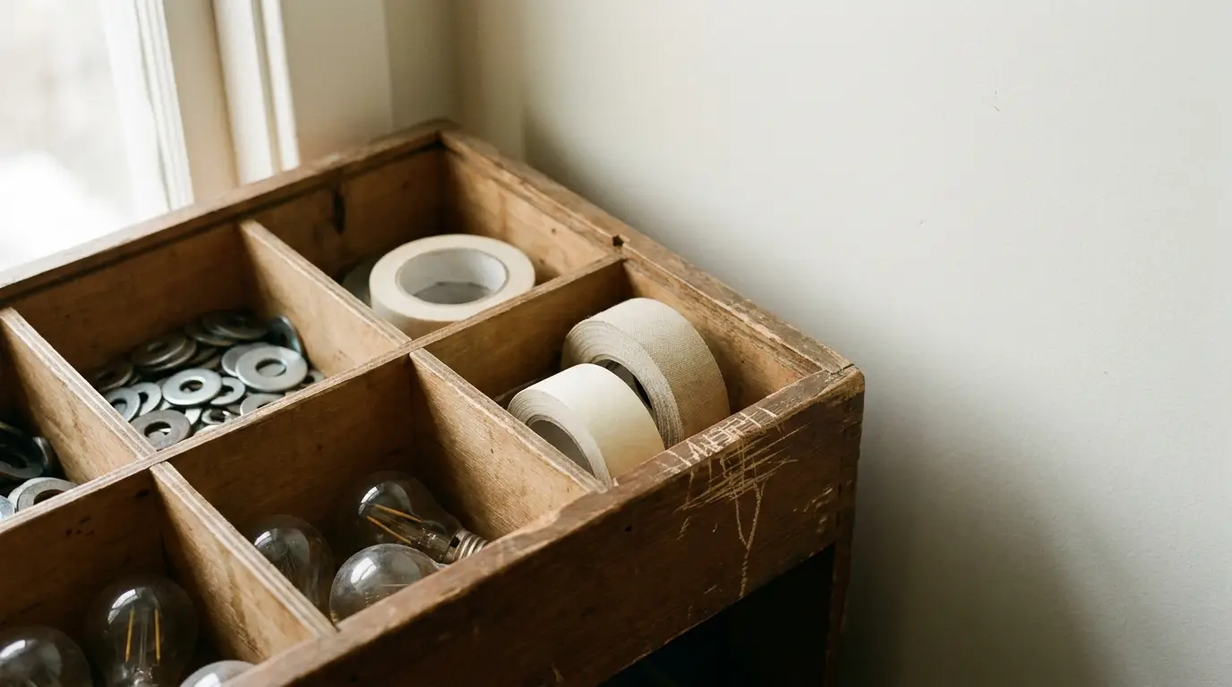 Organized wooden box with light bulbs, tape rolls, and metal washers by a window