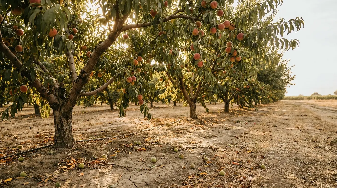 Peach trees in a sunlit orchard with ripe fruit and dry ground