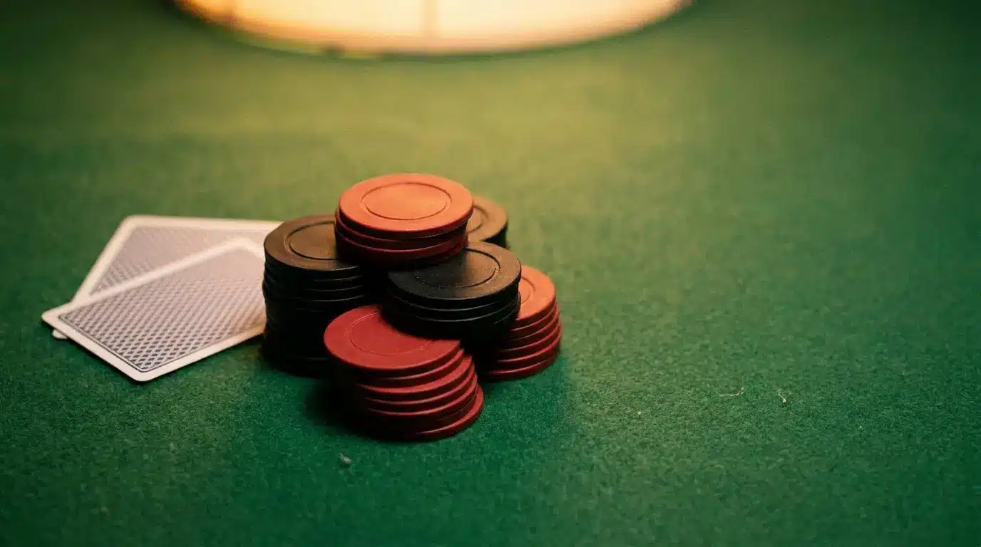 Poker chips stacked on green felt table with playing cards nearby in dim lighting