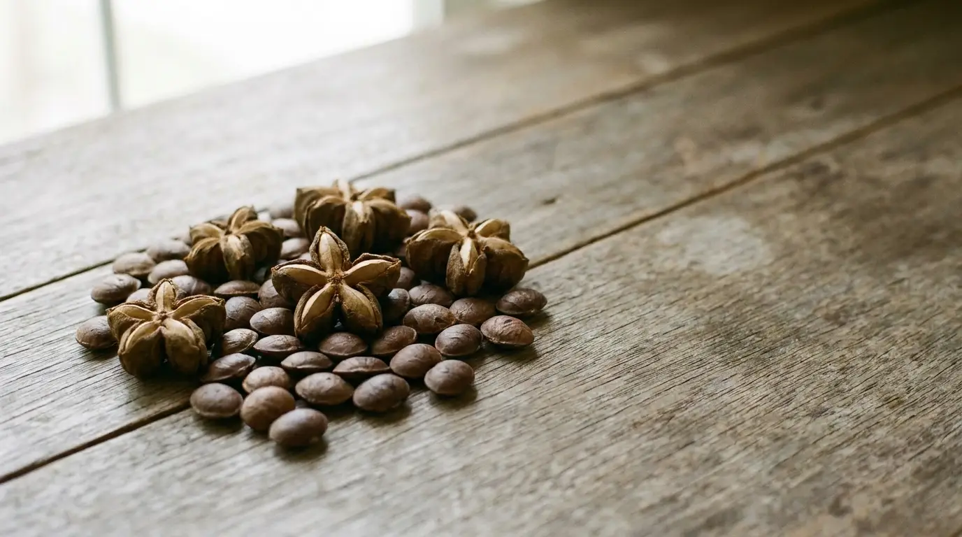Star-shaped nuts and round seeds on rustic wooden surface in soft natural light