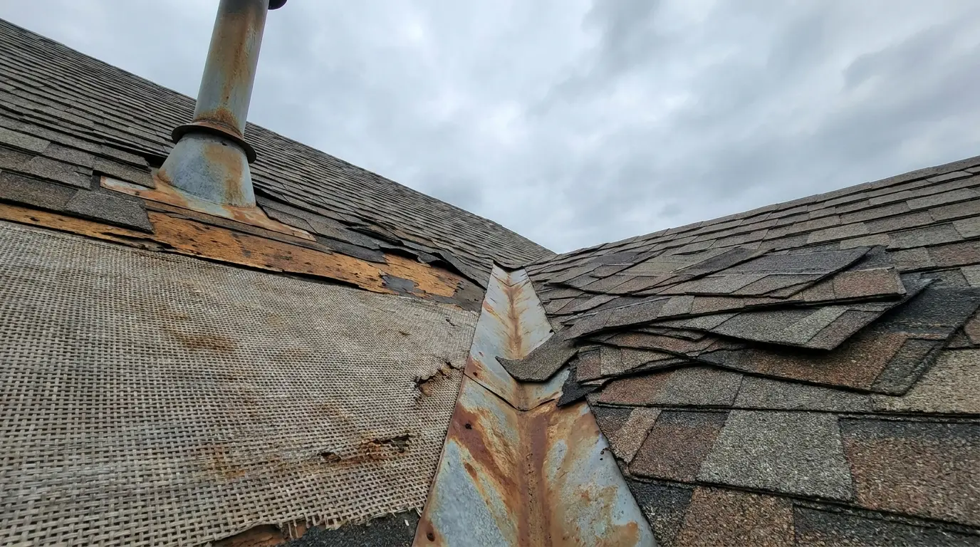 Weathered roof shingles and rusted vent pipe under overcast sky