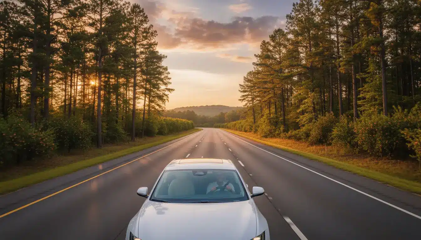 White car driving on a forest-lined highway at sunset with golden light filtering through trees