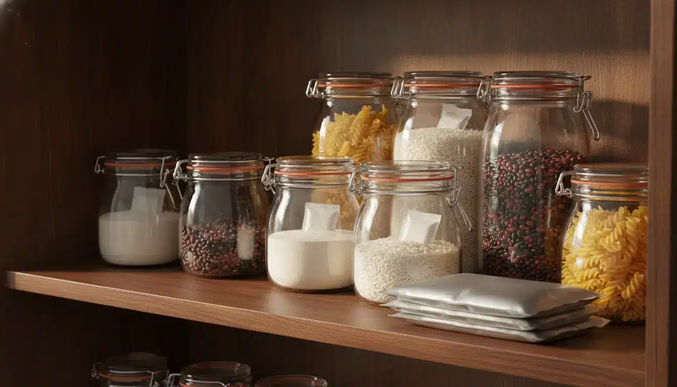 Jars of pasta, rice, and spices on wooden pantry shelf in soft natural light