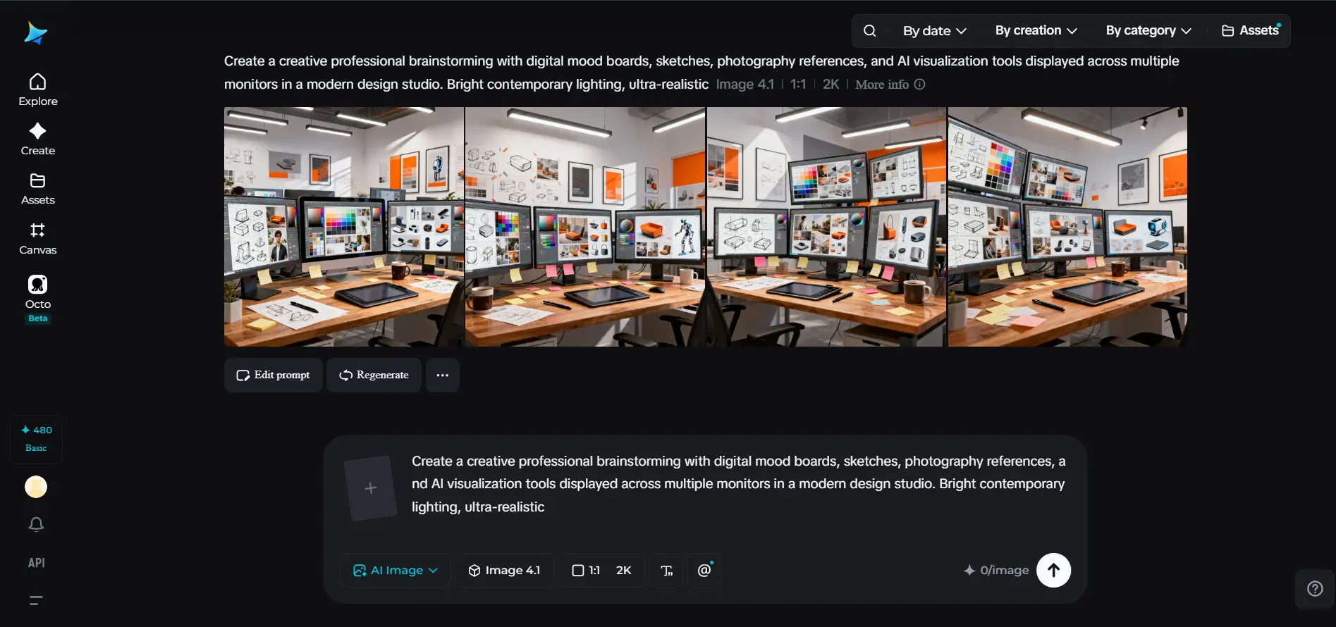 Modern design studio with multiple monitors displaying digital sketches and color palettes on wooden desks