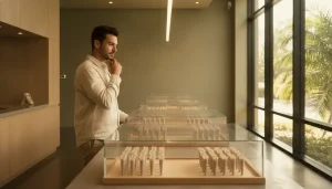 Man contemplating jewelry displays in a modern showroom with wooden cabinets and large windows