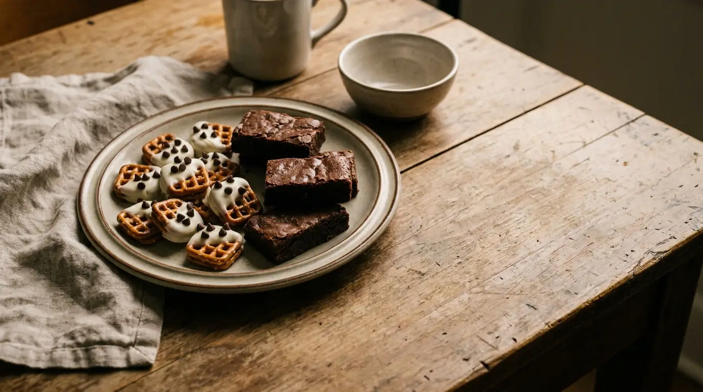 Plate of brownies and chocolate-dipped pretzels on rustic wooden table with linen napkin