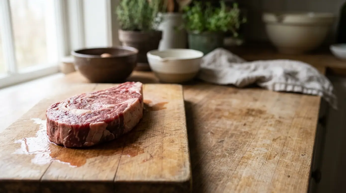 Raw steak on wooden cutting board with bowls and herbs in bright kitchen setting