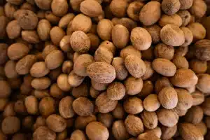 Close-up of whole nutmeg seeds with textured brown shells