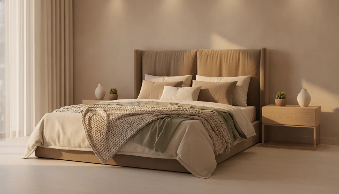 Cozy bedroom with beige bedding, wooden nightstand, soft lighting, and neutral decor accents