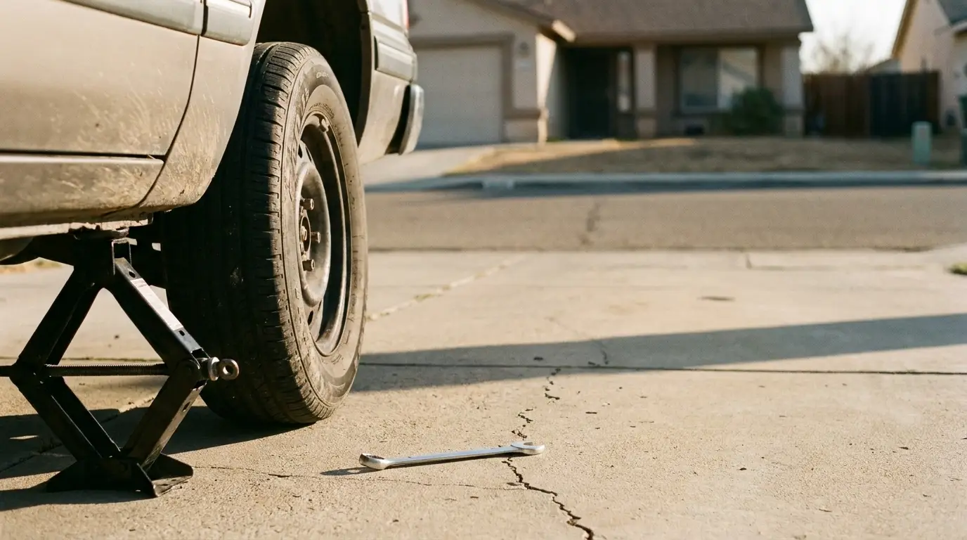 Car elevated on jack with tire removed on suburban driveway in sunlight