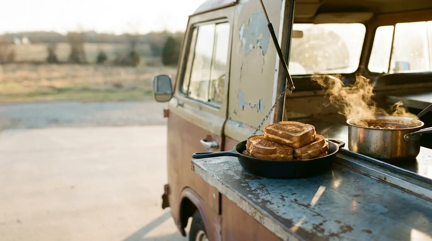 Grilled cheese sandwiches on skillet and steaming pot in rustic outdoor setting