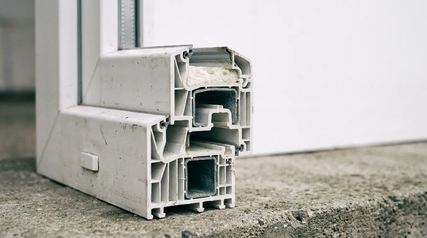 Close-up of a white plastic window frame profile with insulation on concrete surface