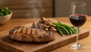 Grilled steak with steam on wooden board beside mushrooms, green beans, and glass of red wine
