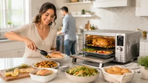 Woman preparing salmon and vegetables in modern kitchen with countertop oven and fresh ingredients
