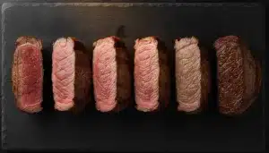 Slices of medium-rare steak arranged on dark slate background in overhead view