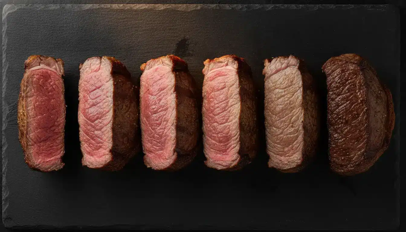 Slices of medium-rare steak arranged on dark slate background in overhead view