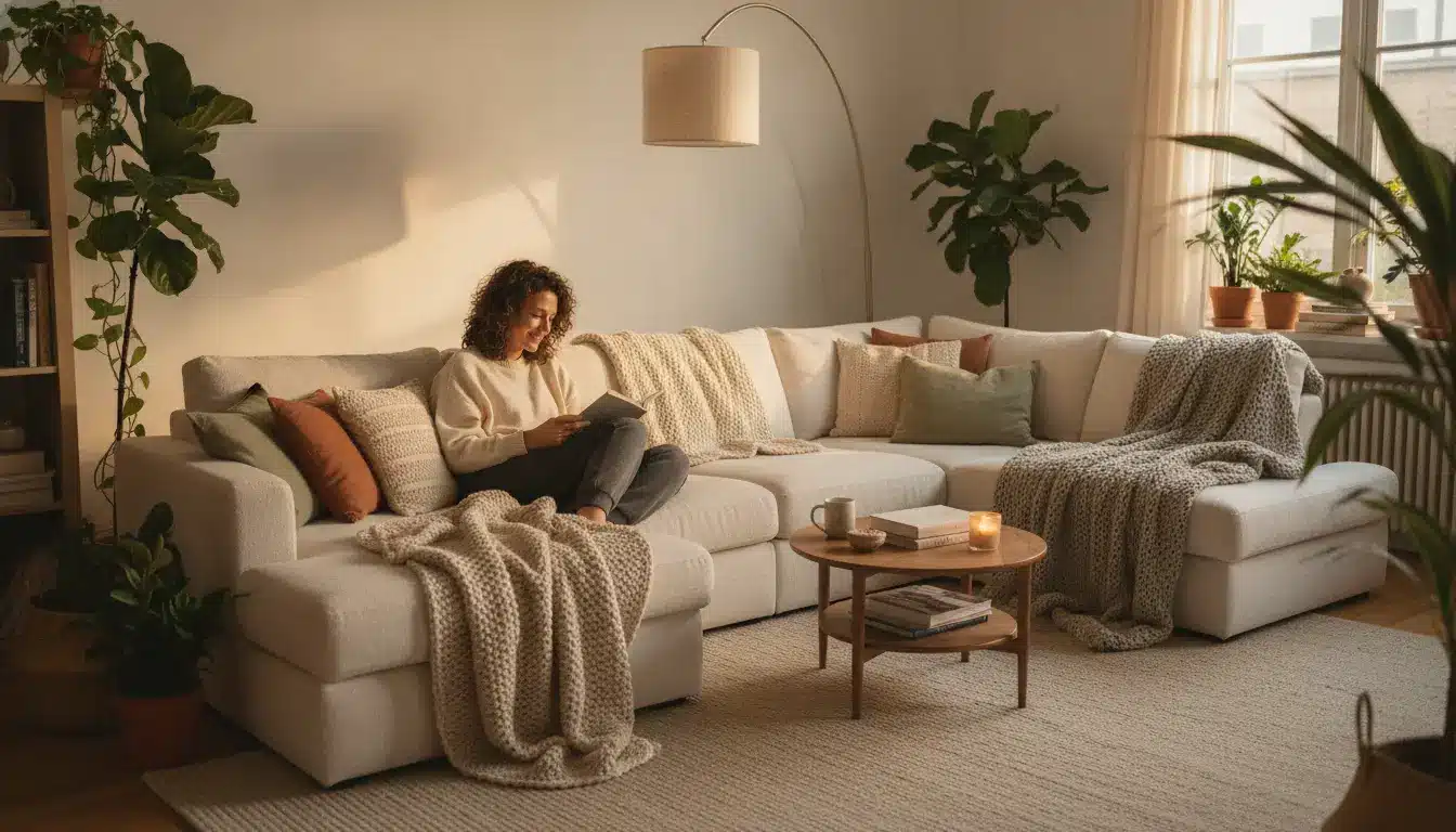 Woman reading on cozy sectional sofa with knit blankets and cushions in sunlit living room