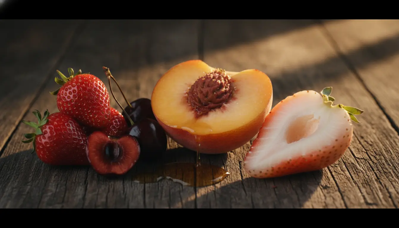 Peach, strawberries, and cherries on rustic wooden surface with soft daylight shadows