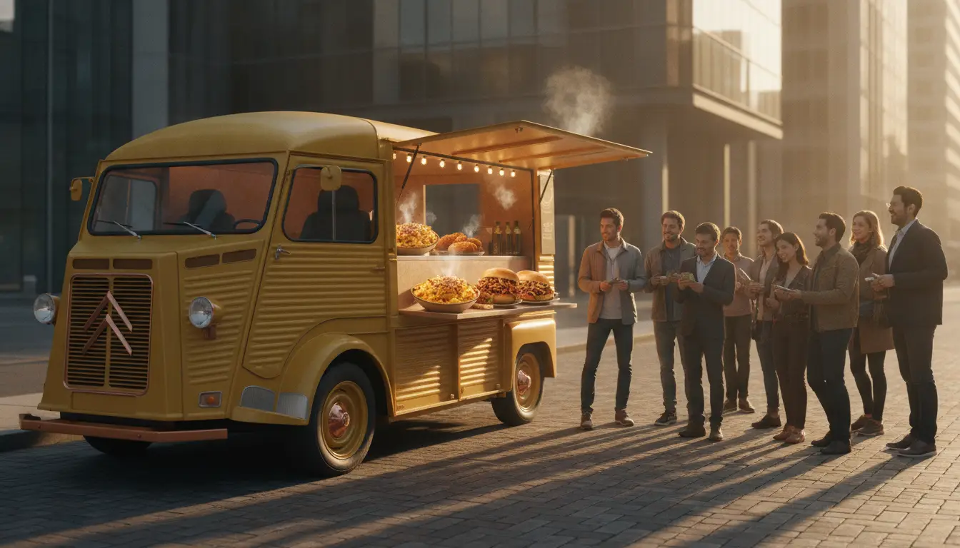Yellow food truck serving pasta and sandwiches to a group of people in urban setting