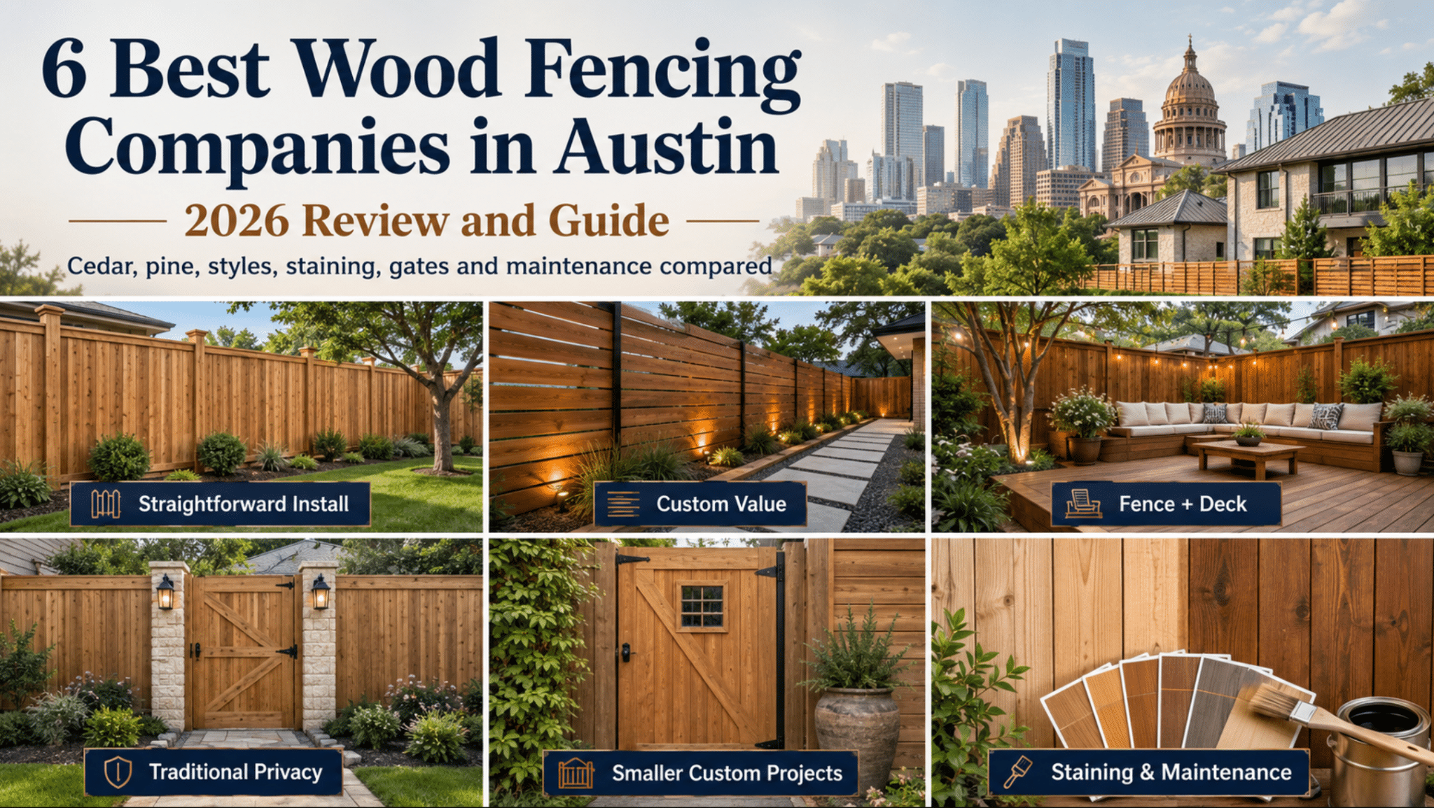 This is a photo showing different styles of work done by top-rated Wood Fencing Companies in Austin