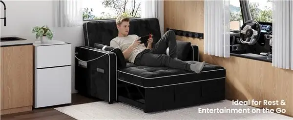Man relaxing on black convertible sofa in modern camper van interior