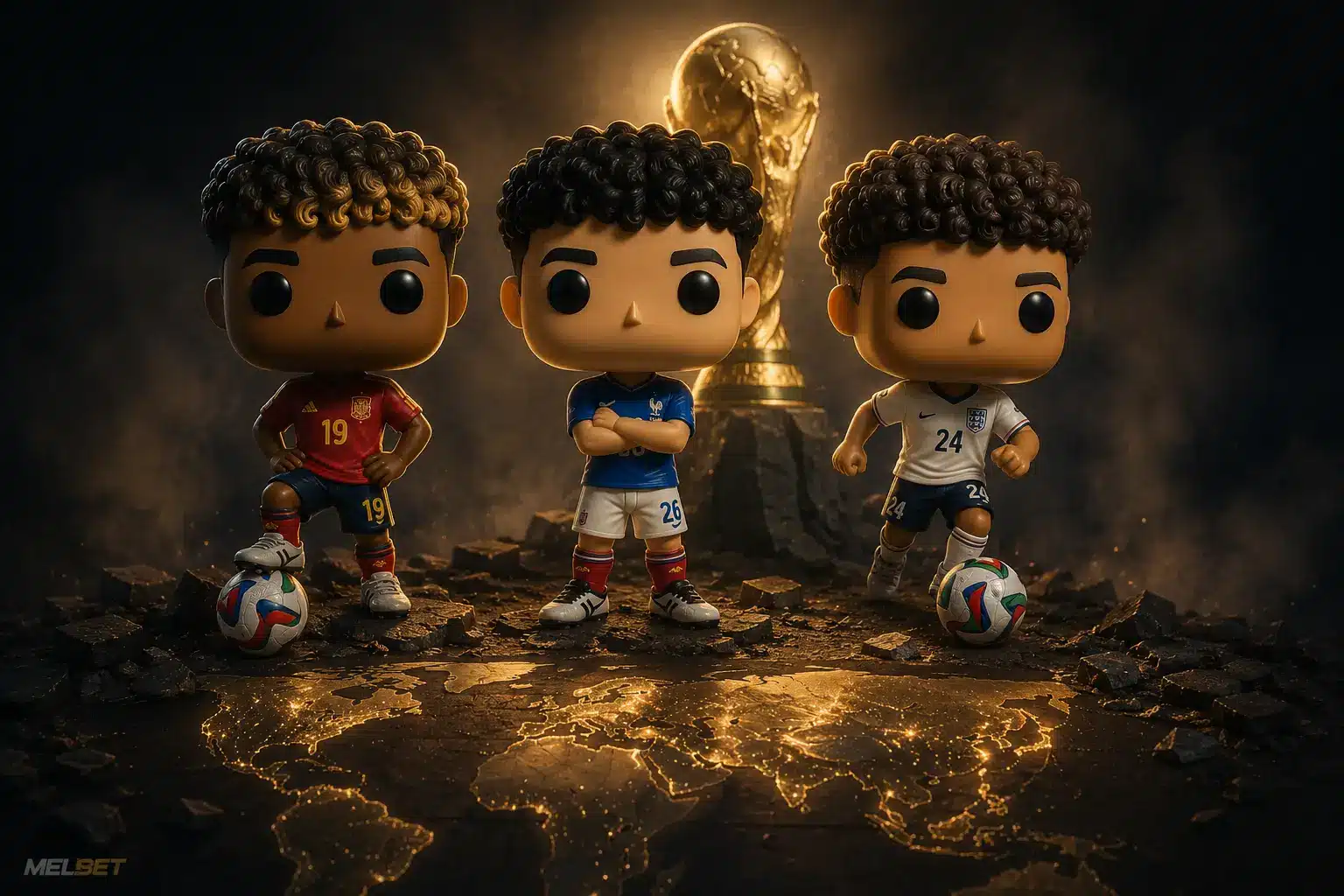 Three soccer-themed vinyl figures with World Cup trophy backdrop on illuminated map surface