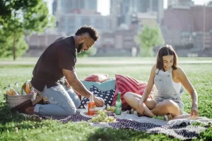 Two people enjoying a picnic on a grassy field with drinks and grapes