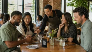 Group of people smiling with waiter in cozy restaurant setting with indoor plants