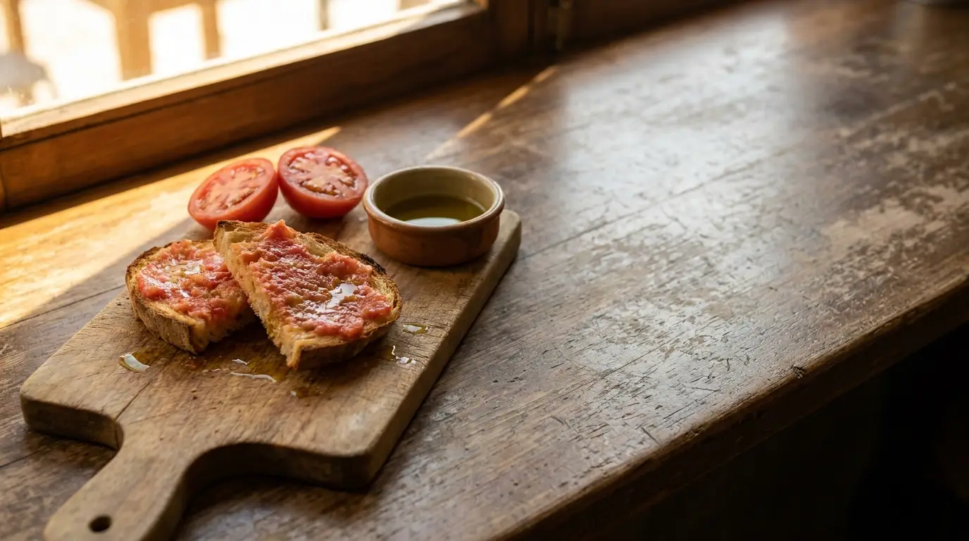 Toasted bread with tomato paste, halved tomatoes, and olive oil on wooden board by window