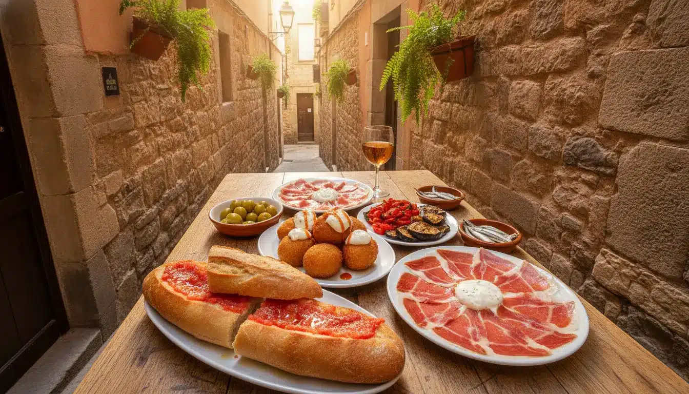 Tapas spread including cured meat, olives, and croquettes on a wooden table in a narrow alleyway