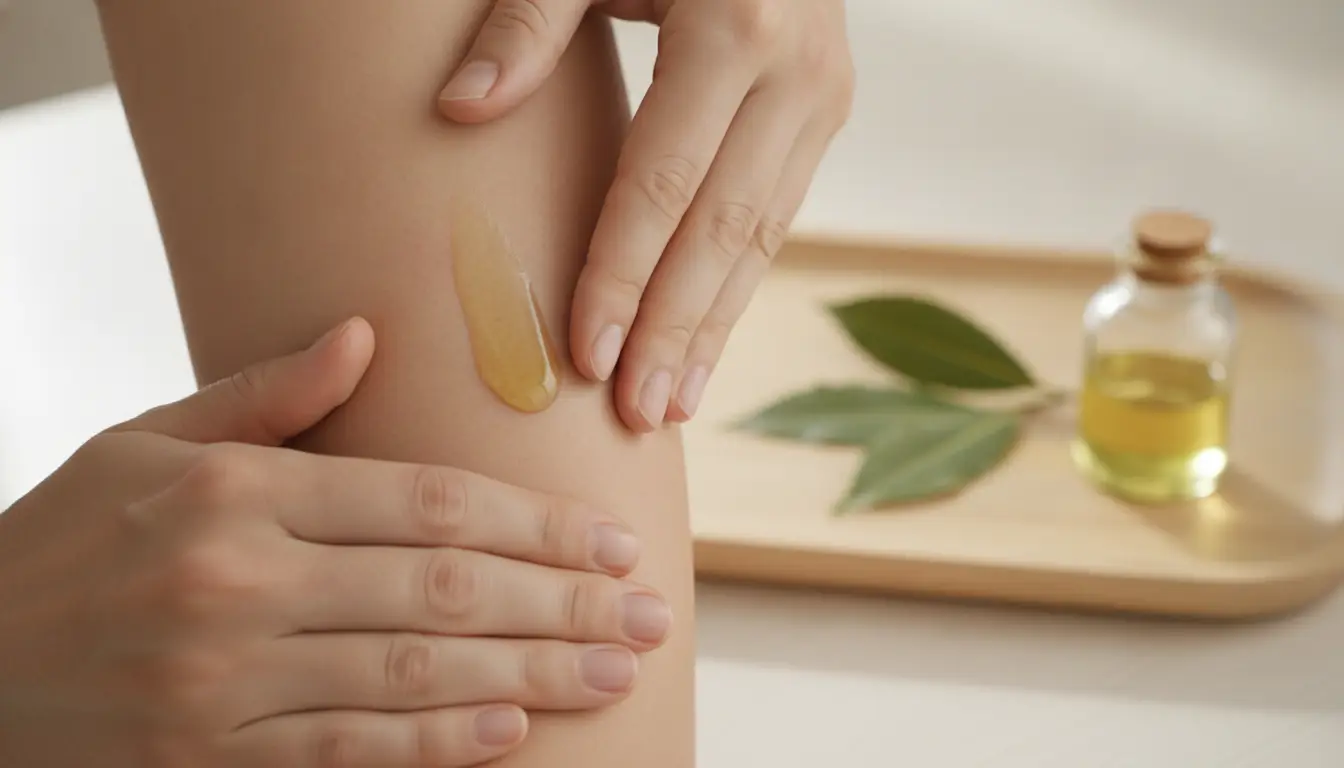 Person applying honey-colored wax to skin in bright indoor setting with oil bottle nearby